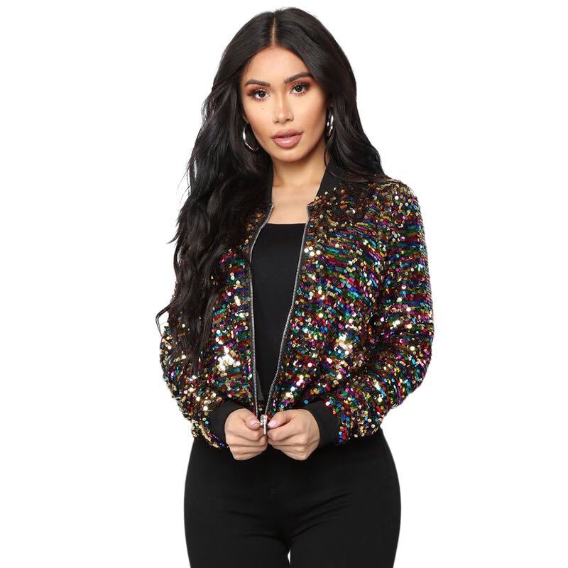 Women's Sequins Zipper Clothes Long Sleeve Cardigan Jacket